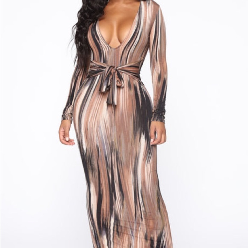 Fashion Nova Brown and Black Long Sleeve Dress